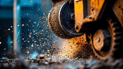 Aufkleber - Close up view of sparking and dust particles being during the grinding or shaping of metal in an industrial or workshop setting