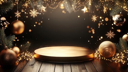 Poster - Festive Christmas Stage with Golden Ornaments and Greenery for Elegant Holiday Celebrations : Generative AI
