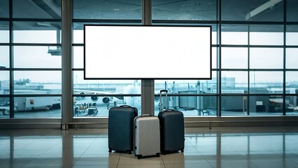 Two suitcases in an airport with a blank information screen and airplanes in the background.