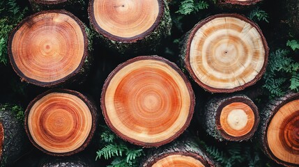 Poster - Assorted CrossSections of Rustic Timber Logs Decorated with Lush Greenery : Generative AI