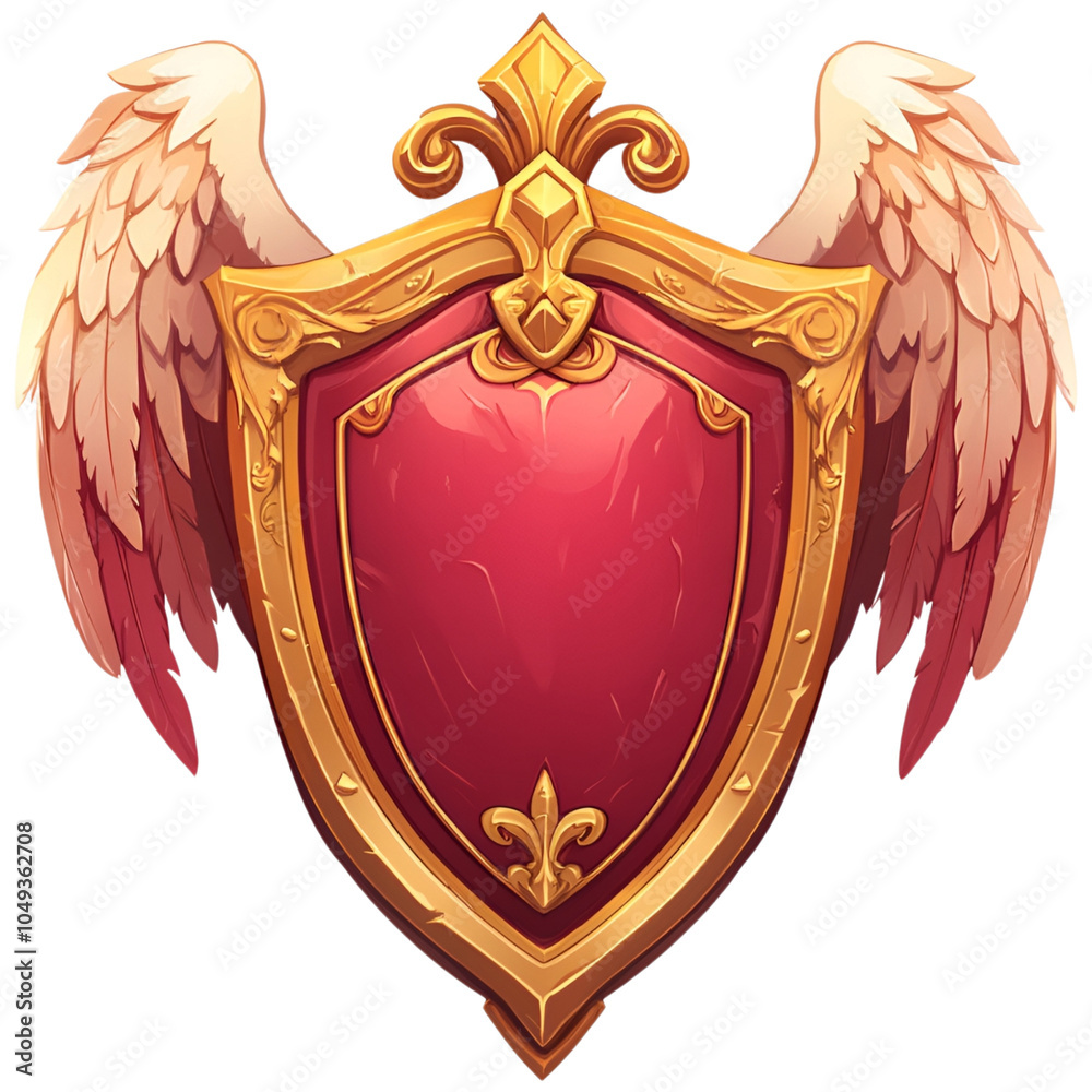 Ornate golden and red shield with winged details on transparent ...
