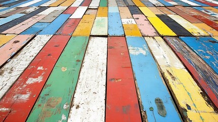 Poster - Vibrantly Colored Wooden Planks Forming a Rustic Decorative Surface : Generative AI