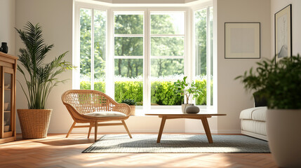 Wall Mural - Bright living room with bay window, rattan chair, and green plants
