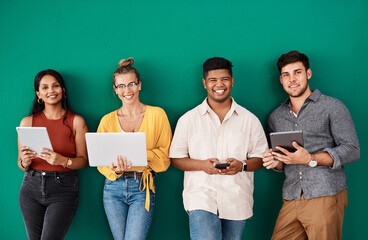 Poster - Business people, portrait or waiting room with technology for career or job opportunity on a green wall background. Young, group or creative interns with smile in row or line for startup or interview