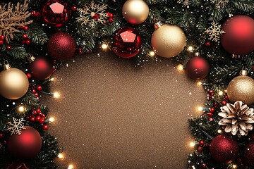 Poster - Beautiful Festive Christmas Wreath with Twinkling Lights and Red Gold Ornaments : Generative AI