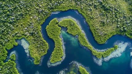 Poster - Aerial View of Winding River Through Lush Green Forest Creating Natural Patterns : Generative AI