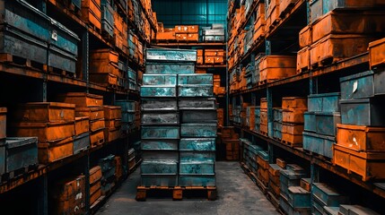 Poster - Neatly organized and stacked zinc ingots in a large industrial warehouse ready for efficient distribution and logistics to support manufacturing and commercial