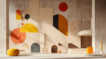 Poster - Plywood panels incorporated into a minimalist 3D rendered house design with geometric patterns and clean contemporary architecture featuring a simple