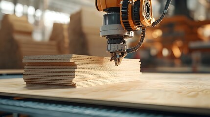 Aufkleber - Robotic arm efficiently stacking wooden plywood sheets in a modern industrial factory setting showcasing automated manufacturing and production processes