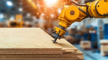 Aufkleber - Robotic arm skillfully stacking plywood sheets in an automated industrial factory setting showcasing the latest advancements in manufacturing technology and material handling processes