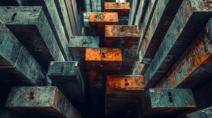 Poster - Rows of neatly stacked zinc ingots in a dimly lit warehouse ready for distribution and transportation to various industrial and manufacturing facilities