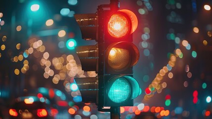 Green Traffic Light Illuminated Against a Blurred Cityscape at Night