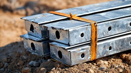 Poster - Stacked galvanized zinc metal sheets piled up at an industrial construction site  The rusty weathered steel sheets have a rough textured surface and are organized in a neat orderly manner