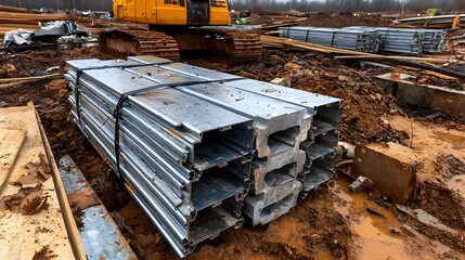 Poster - Stacks of galvanized steel sheets or panels piled high at a construction site surrounded by other building materials and equipment like lumber pipes and tools