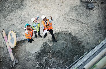 Poster - Tablet, construction site and people with pointing and above building check, engineering and scaffolding inspection. Industrial, helmet and employees with contractor and architecture conversation