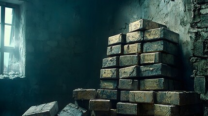 Poster - Stacks of shiny metallic zinc ingots neatly arranged in a dimly lit textured warehouse setting with old brick walls and a single window creating an industrial