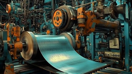 Poster - Zinc sheets being rolled and processed at an industrial manufacturing plant