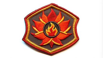 embroidered patch of asymmetrical fire design on white background