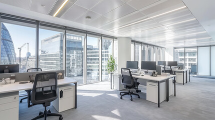 Poster - Bright open-plan office featuring monochrome color schemes, glass partitions, minimal décor, and spacious desks for a contemporary, distraction-free work zone.