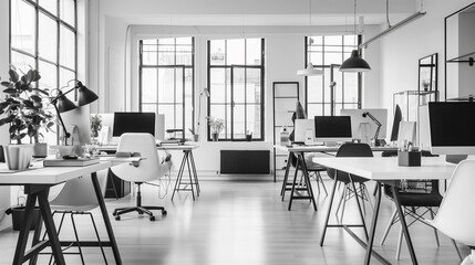 Aufkleber - bright open-plan office featuring monochrome color schemes, glass partitions, minimal décor, and spa