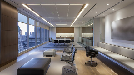 Poster - Minimalist office layout with simple, bench-style desks, ergonomic chairs, subtle accent lighting, and a dedicated lounge area with sleek, low-profile furniture.