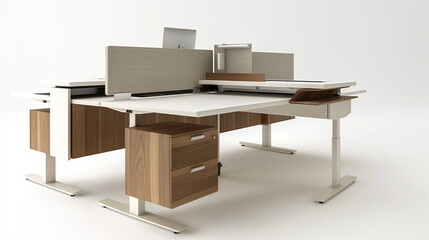 Poster - Modern workspace with standing desks, minimalist storage solutions, neutral tones, and plenty of open space, combining function and elegance in a clean design.