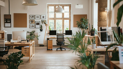 Aufkleber - scandinavian-inspired open-plan office with white walls, light wood desks, minimalist lighting, and 