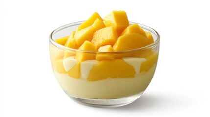 A refreshing dessert featuring mango and coconut milk, elegantly presented in a glass bowl against a clean white background for a tropical treat