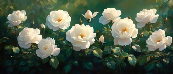 Artistic view of white Iceberg roses in a vibrant rose garden, highlighting the clusterflowered beauty of Kordes Korbin floribunda