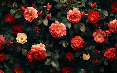 Lush Lady Ryder of Warsaw crimson roses, a modern British shrub by Harkness, highlighting their rich color and robust growth habit