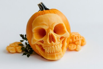 Carved and whole pumpkins for Halloween with scull on white background 