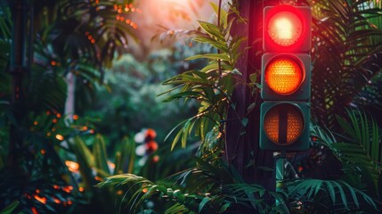 Wall Mural - a red traffic light hidden in lush tropical foliage