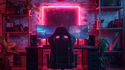 Poster - A gamer's haven with a brick wall background, neon lights, two computer monitors, a gaming chair, and plants.