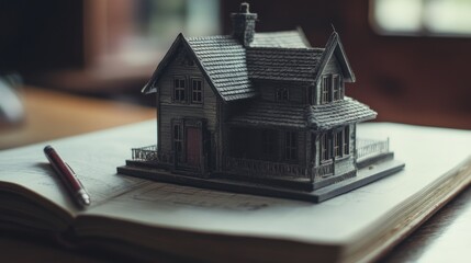 Poster - A detailed model house on an open notebook with a pen beside it.