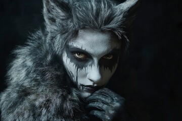 fantasy make up, mysterious fantastic creatureon a black background, with wolf fur, dark mood, young model 