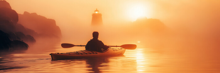 Wall Mural - A kayaker boating in shallow rocky sea with lighthouse in a foggy day