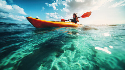 Wall Mural - A person kayaking in clear beautiful tropical sea water