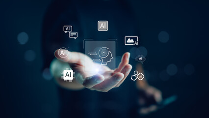 Poster - Chatbot Chat with AI, Artificial Intelligence. man using technology smart robot AI, artificial intelligence by enter command prompt for generates something, Futuristic technology transformation.