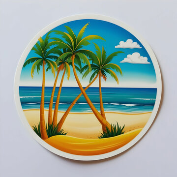 A sticker of a beach scene with palm trees and a beach isolated on white background