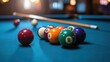 © Seak - Close-up of a billiard table with a full set of colorful balls and a cue stick