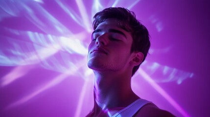 Poster - A man is standing in front of a purple wall with a purple background