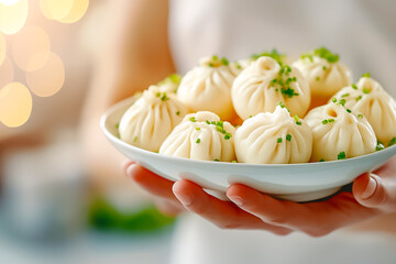 A handsomely arranged plate of fluffy dumplings garnished with fresh chives is held gently, inviting delightful culinary exploration in a warm, inviting kitchen