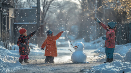 Children playing and building snowman in snowy winter landscape having fun and adventure in cold weather outdoor environment