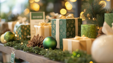 Festive holiday gift boxes wrapped presents pine cones candles and other Christmas arranged on a wooden table with a cozy warm lighting backdrop and glowing bokeh effect