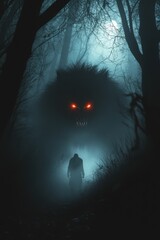 Monster beast in foggy dark forest. Halloween theme.