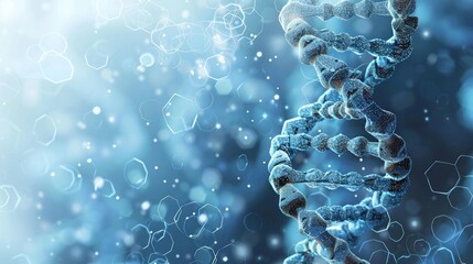 Poster - Closeup of a double helix DNA strand on a blue and white background.