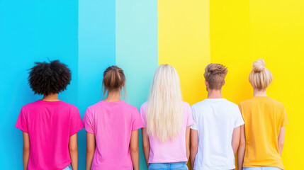 Vibrant group of diverse individuals standing in front of colorful wall, showcasing unity and friendship. bright colors evoke cheerful and lively atmosphere