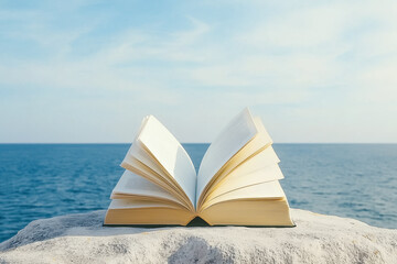 The book rests on a rocky surface near the ocean, its pages turning gracefully in the wind under a bright sky