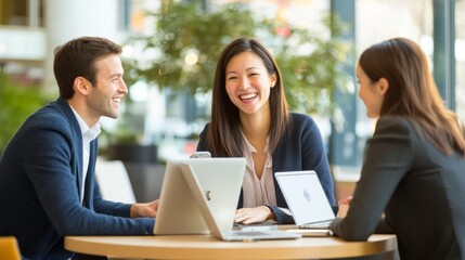 Aufkleber - Three people are sitting at a table with laptops and smiling