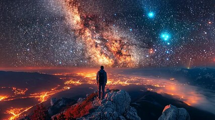 Wall Mural - a lone figure contemplates the vastness of the universe, silhouetted against a breathtaking panorama